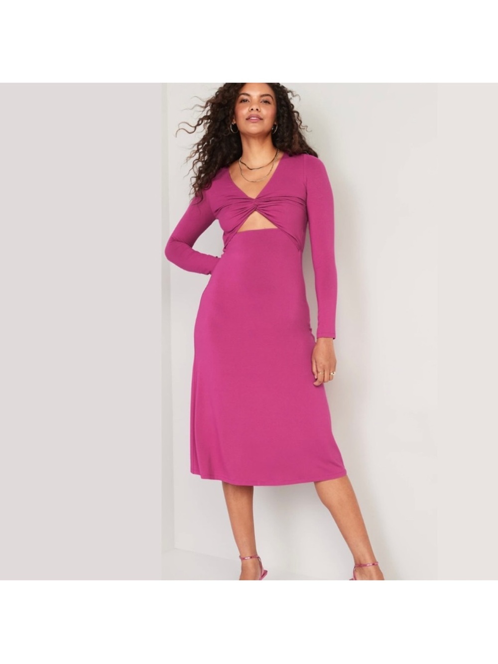 Long Sleeve Twist Front Midi Dress in Magenta